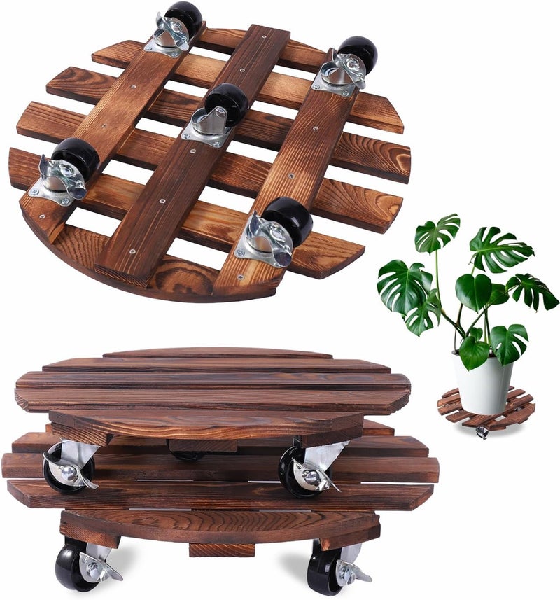 PRAQECZ 2 Pack Plant Caddy with 5 Wheels, 14" + 12" Rolling Plant Stand 220 LB Heavy Duty Wooden Round Plant Dolly with Metal 360° Lockable Caster Wheels for Outdoor Indoor Large Plant Pots, Flower Pot, Patio - Image 1